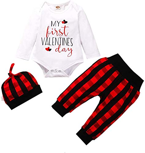 Dannel Baby Christmas Outfit Newborn Boys Girls My First Romper Top Plaid Pants 3Pcs Xmas Clothes Sets Infant Heart,Red,70,0-6 Months