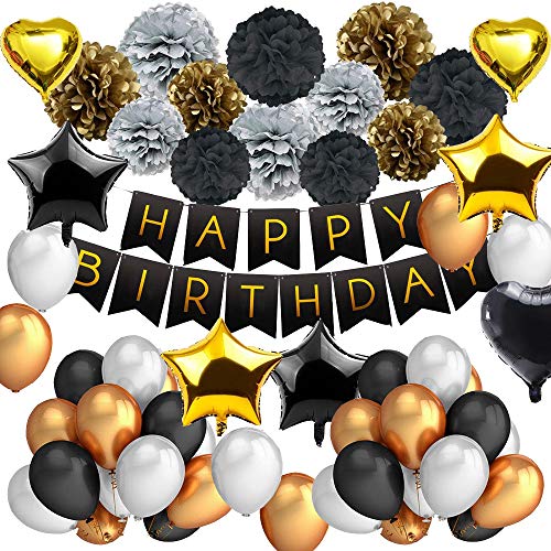 DAYPICKER 63 Pcs Decoración Fiesta Cumpleaños Negro Oro, Juego de Fiesta Que Incluye Feliz Cumpleaños Estandarte Estrella Corazón Globo Papel Poms Dorado Negro Perlado Globos DAYPICKER 63 Pcs Decoración Fiesta Cumpleaños Negro Oro, Juego de Fiesta Que Incluye Feliz Cumpleaños Estandarte Estrella Corazón Globo Papel Poms Dorado Negro Perlado Globos