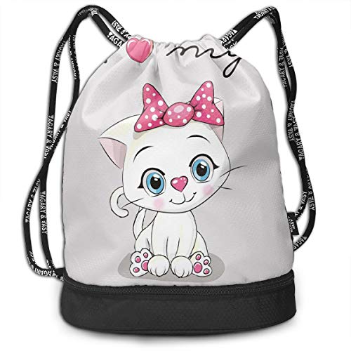 DDHHFJ Multifunctional Drawstring Backpack for Men & Women, Cute Cartoon Domestic White Cat Pink Cheeks Fluffy I Love My Pet Themed Print,Travel Bag Sports Tote Sack with Wet & Dry Compartments