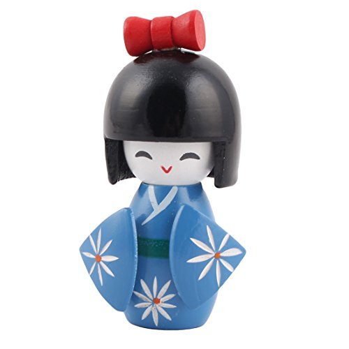 DealMux Escritorio de Madera Hecho a Mano Flor grabada Oriental Japonesa de la Muchacha del Kimono de la muñeca de Kokeshi Azul