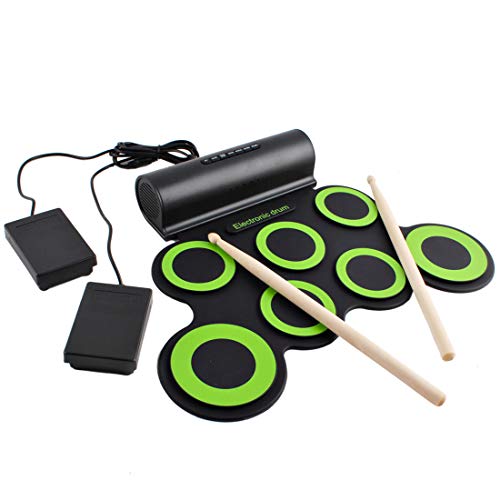 deAO Kit de Batería Electrónica con Modelo Plegable Portátil Conjunto Tapete Musical de Percusión Tambores, Platillos y Altavoces Incorporados Incluye Baquetas y Pedal