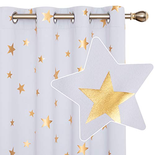 Deconovo Cortinas Dormitorio Moderno para Ventanas de Habitación Juvenil Diseño Estrellas Estampados Dorados con Ojales 2 Paneles 140 x 260 cm Gris Blanco