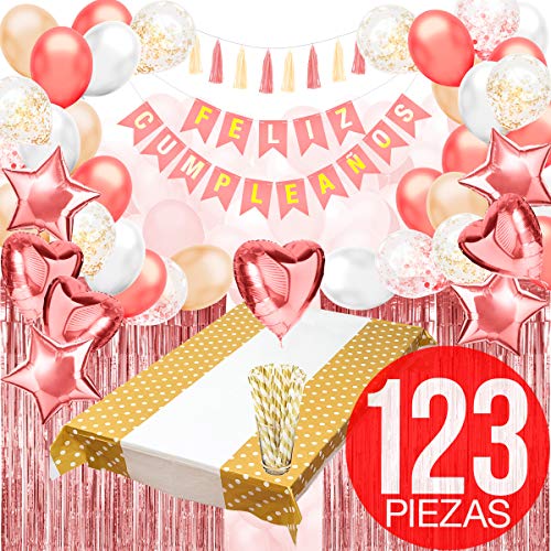 Decoracion Cumpleaños (123 PIEZAS)- Pack Incluye Pancarta" Feliz Cumpleaños", Globos, Guirnaldas, Pajitas, Banderines, Pompones, Cortinas y Mucho Mas… (Español Color Rosa)