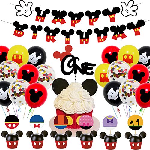 Decoraciones de cumpleaños de Mickey Mouse WENTS 48PCS Artículos de Fiesta de Mickey y Minnie Banner de Feliz cumpleaños Globos de Lunares para Decoraciones de Fiesta temáticas de Minnie