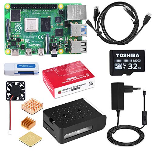 DINOKA Raspberry Pi 4 Starter Kit con Micro SD de 32GB Clase 10, 5V 2.5A Adaptador de Corriente con Interruptor, 3 Radiadores, Cable HDMI, Caja de Calidad, Lector de Tarjetas, Retículo (2GB RAM)