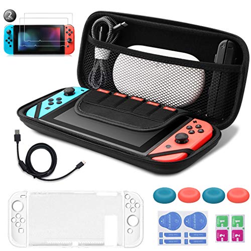 Dioxide Kit de Accesorios 17 en 1 para Nintendo Switch, incluye un Funda con Soporte para Nintendo Switch, Protector de Pantalla, Estuche Protector, Tapas Empuñadura de Pulgar, Linea de datos