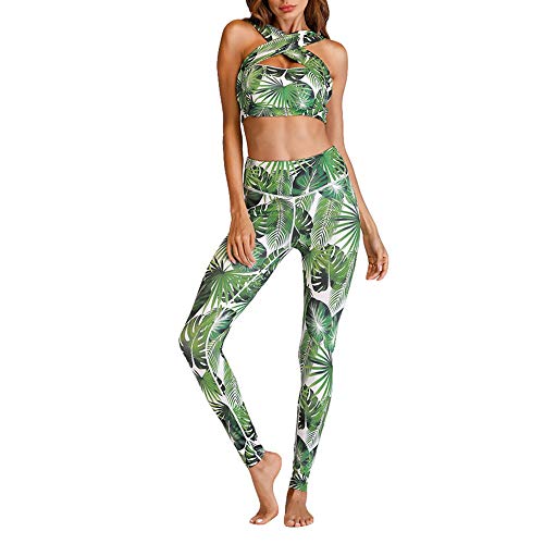 DISCOUNTL Ropa Deportiva Mujer Ropa Deportiva Casual Verde Señoras L Traje Impresión Hoja Cruz Correa Chaleco Deportivo Sujetador Yoga Pantalones Fitness Set Ropa Deportiva Verde verde S