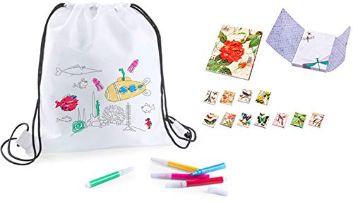DISOK - Lote 20 Mochilas Petate para Colorear con Rotuladores + 3 Bloc de Notas Floral- Regalos Cumpleaños, Comuniones, Colegios, Niños, Infantiles