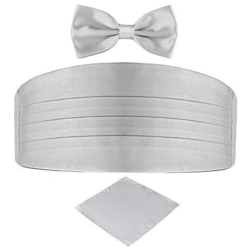 DonDon Set de tres piezas Caballero Faja de esmoquin Pajarita Pañuelo de bolsillo Color a juego Espléndido para ceremonias y ocasiones especiales - Gris plata