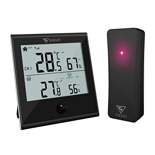 DOQAUS Termómetro Higrómetro Digital para Interior y Exterior, Medidor de Temperatura y Humedad con Sensor Inalámbrico Remoto para Habitación o al Aire Libre(Negro)