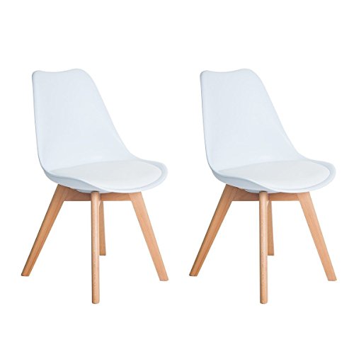 DORAFAIR Pack de 2 Tulip Comedor/Silla de Oficina Silla escandinava, con Las piernas Las piernas de Madera de Haya Maciza y Asiento Acolchado,Estilo nórdico - Blanco