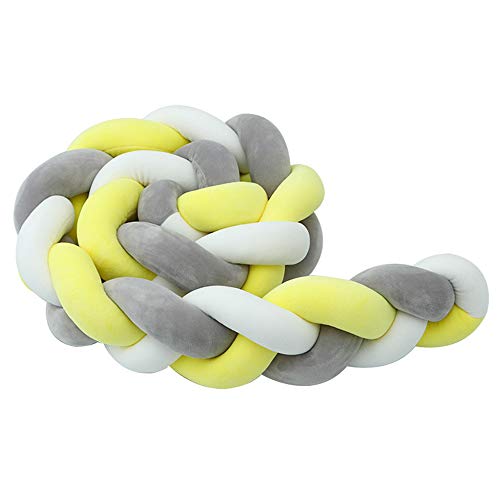 DQMEN CojíN Largo De Nudo Trenzado Para Bebé, Para GuarderíA, Cama, Cuna, Valla De Seguridad, Cochecito De Bebé, DecoracióN De HabitacióN (Blanco+amarillo+gris, 200cm/78in)