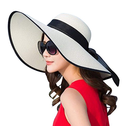 DRESHOW Sombrero de playa Floppy para mujer Sombrero de paja de ala ancha Sun Roll Roll Upable UPF 50+