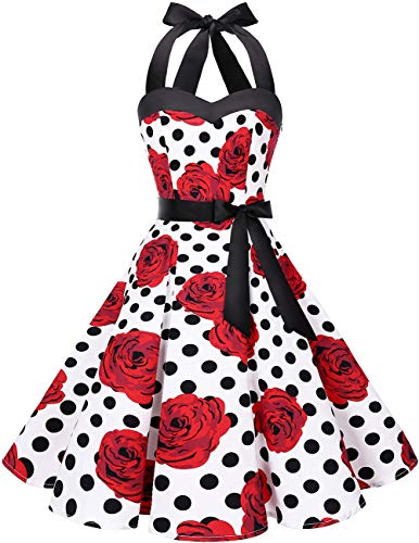 DRESSTELLS Version 3.0 - Vestido de cóctel de lunares con cuello halter, estilo vintage Audrey Hepburn de los años 50 White Red Rose Dot S