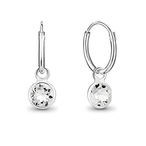 DTPsilver® Pendientes de Aro Pequeños con colgante de Cristal Swarovski® Elements Forma Redonda - Plata de Ley 925 - Espesor 1.2 mm - Diámetro 12 mm - Color: Cristal