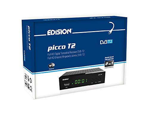 EDISION Picco T2 Full HD TDT Receptor H264 FTA, DVB-T2, USB, HDMI, SCART, USB WiFi Support, Mando a Distancia universal IR 2en1, Negro EDISION Picco T2 Full HD TDT Receptor H264 FTA, DVB-T2, USB, HDMI, SCART, USB WiFi Support, Mando a Distancia universal IR 2en1, Negro