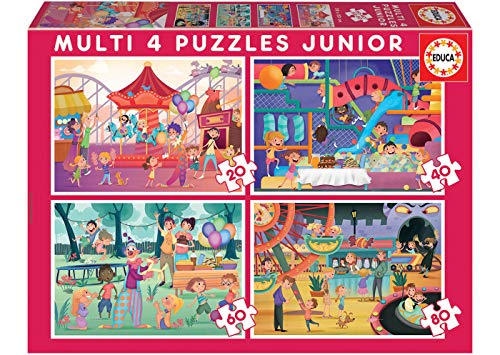 Educa- Multi 4 Junior-Parque Atracciones & Fiesta Conjunto de Puzzles, Multicolor (18601)