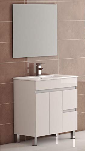 EL ALMACEN DEL PROFESIONAL Juego de Mueble de Baño Modelo Egipto Porcelana, Conjunto formado por Mueble de Baño Estilo Madera Color Lacado en Blanco Ancho 70cm, Lavabo de Porcelana y Espejo a Juego