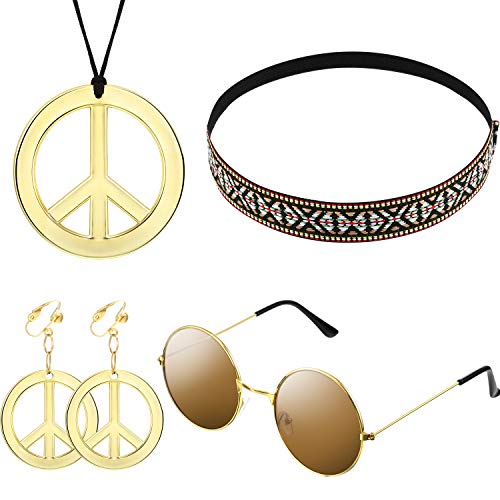 El conjunto de disfraces para mujeres y hombres de Hippie incluye gafas de sol, un collar con el signo de la paz y un pendiente con el signo de la paz, una diadema de Bohemia para hacerte atractiva en