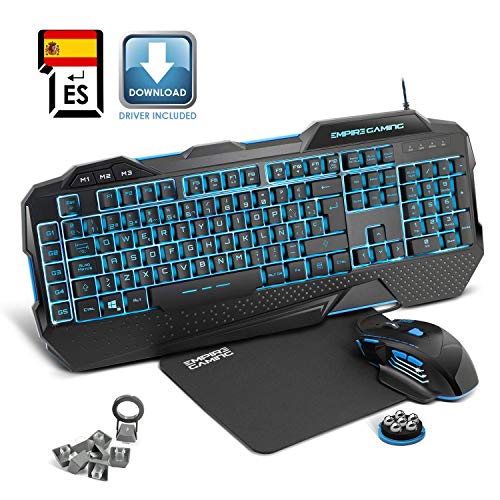 EMPIRE GAMING - Pack Hellhounds Teclado Ratón y Alfombrilla Gamer Español- Semimecánicos - 33 macros configurables- 7 botones 7200 DPI - Retroiluminación LED - Cable RGB - USB