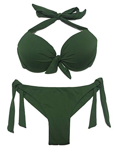eonar Conjunto de Bikini para Mujer, Push-up Sujetador para El Cuello, Cintura Baja Bikini Bottom, Ajustable Trajes de baño(XL,Army Green)