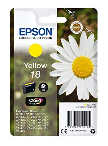 Epson C13T18044012 - Cartucho de tinta, amarillo válido para los modelos Expression Home XP-215, XP-212, XP-405WH, XP-405, XP-30, XP-205, XP-202 y otros, Ya disponible en Amazon Dash Replenishment