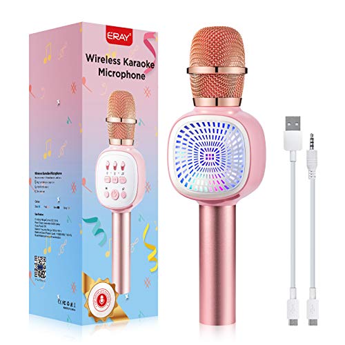 ERAY Micrófono Karaoke Bluetooth para Niños, Micrófono Inalámbrico con LED Luces, 4 Voces Ajustables, Soporta TF Tarjeta/USB Disco/ 3.5mm AUX Cable, Compatible con Smartphone, Color Rosa (Modelo K69)