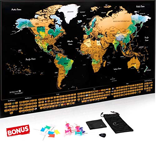 Escapades Mapa Mundi rascar XXL, edición Original con Las Banderas de Todos los países. El Regalo Ideal para los viajeros. Tamaño Grande: 69 x 44 cm + Accesorios Gratis