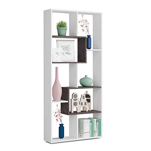 Estantería Reversible, Librería Oficina, Modelo Kawa, Acabado en Color Blanco Artik Y Oxido, Medidas: 180 cm (Alto) x 80 cm (Ancho) x 25 cm (Fondo)