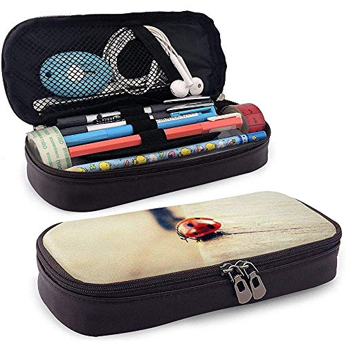 Estuche de lápices de cuero de PU, estuche de marcador de almacenamiento Ladybug On Curb, bolsa de maquillaje cosmético, bolsa de lápiz organizador de papelería