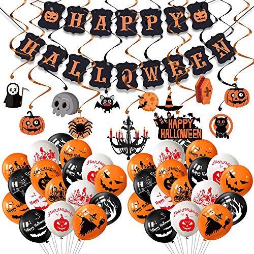 Evance 81 Piezas Decoración de Halloween, Pancartas Happy Halloween, Globos de Halloween, Guirnalda Halloween y Colgante Remolino para Fiestas de Halloween (81 Pack)