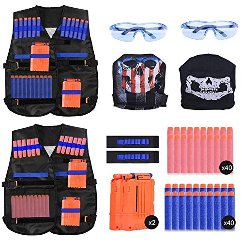 EXTSUD Chaleco Táctico Niños Elite Tactical Chaleco para N-Strike Elite Series con 80 Piezas de Recarga de Dardos, 2 Clips de Recarga, 2 Máscaras Tácticas, 2 Muñequeras y 2 Gafas Protectoras