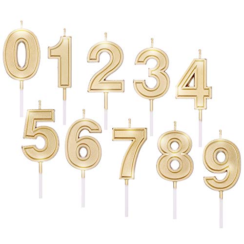 faddy-1 - Velas con número 0 – 9, 10 unidades de cumpleaños con purpurina dorada para cumpleaños, bodas, ceremonias de entrega de diiplómas, fiesta dorada