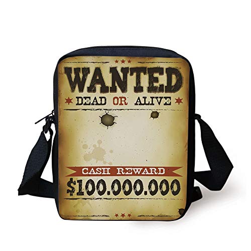FAFANIQ Western,Old Wanted Placard Print Dead or Alive Bounty Hunter Cash Reward,Light Brown Cinnamon Black Print Kids Crossbody Messenger Bag Purse
