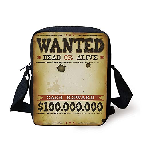 FAFANIQ Western,Old Wanted Placard Print Dead or Alive Bounty Hunter Cash Reward,Light Brown Cinnamon Black Print Kids Crossbody Messenger Bag Purse FAFANIQ Western,Old Wanted Placard Print Dead or Alive Bounty Hunter Cash Reward,Light Brown Cinnamon Black Print Kids Crossbody Messenger Bag Purse