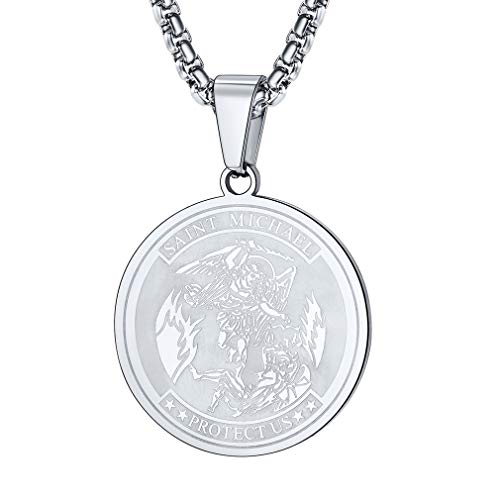 FaithHeart Medalla Redondo San Miguel Arcángel Acero Metal Collar con Inscripción Biblia Cadena de Eslabones Cuadrados Unisex Hombre Mujer Joya Protecdora