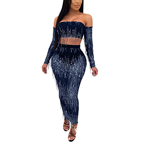 Falda y Top para Mujer, 2 Piezas Trajes Bandeau Sin Hombros Manga Larga Bodycon Faldas Cadera Ajustado Conjuntos Vestidos Flecos y Lentejuelas Transparente Discoteca Bar Carnaval(Azul,XXL) Falda y Top para Mujer, 2 Piezas Trajes Bandeau Sin Hombros Manga Larga Bodycon Faldas Cadera Ajustado Conjuntos Vestidos Flecos y Lentejuelas Transparente Discoteca Bar Carnaval(Azul,XXL)