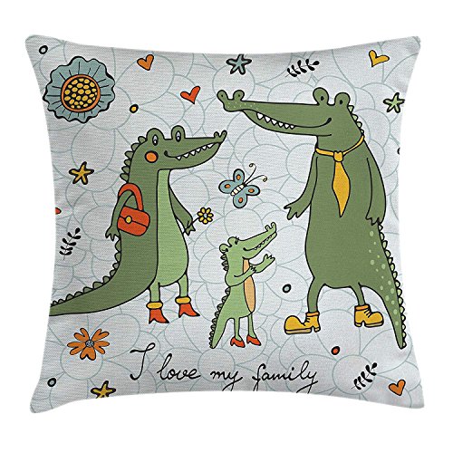 Family Throw Pillow Cushion Cover, I Love My Family Theme Cute Hand Drawn Alligators Natural Background Fun Graphic, Decorative Square Accent Pillow Case, Multicolor 18x18 Inches