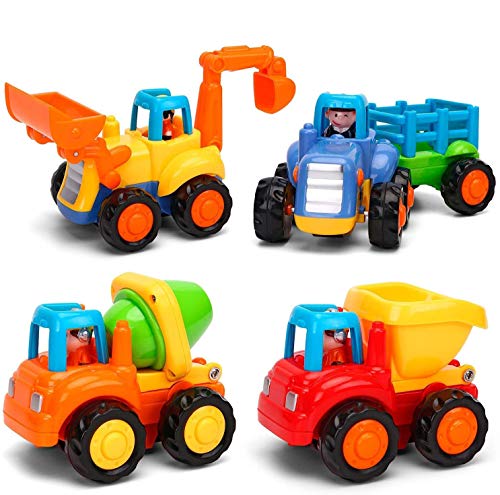 FancyWhoop 4 Piezas Vehículos de Construcción Coche de Juguete Friccion Camion de Juguete de Plástico Regalo de los Niños (Tractor, Niveladora, Camión del Mezclador, Camiones)