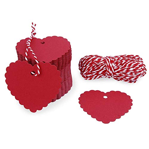 FANTESI 200 Piezas Corazón Rojo Etiquetas, Etiquetas de Papel Kraft Etiquetas de Equipaje Etiquetas de Regalo Etiquetas de Papel de Boda con 20m Cuerda para Navidad Boda