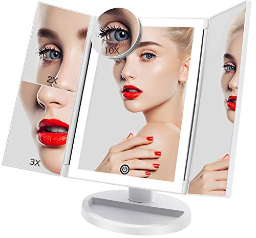 FASCINATE Espejo Maquillaje con Luz 3 Modos Iluminación Colores,72 Leds Tríptica Aumentos 3X, 2X,1x Magnetismo Extraíble Espejo 10X Rotación 180° Espejo de Maquillaje Carga con USB o Batería (Blanco)