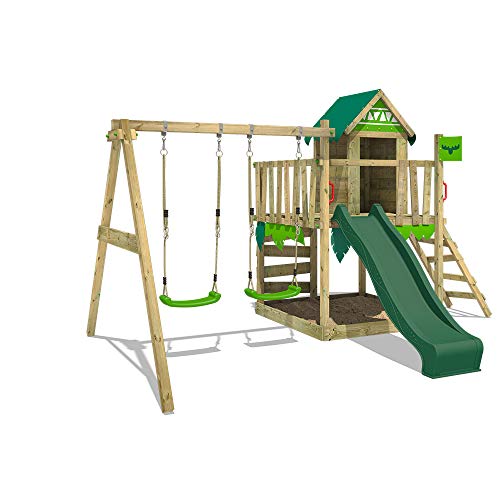 FATMOOSE Parque infantil de madera JazzyJungle Jam XXL con columpio y tobogán verde, Torre de escalada da exterior con arenero y escalera para niños