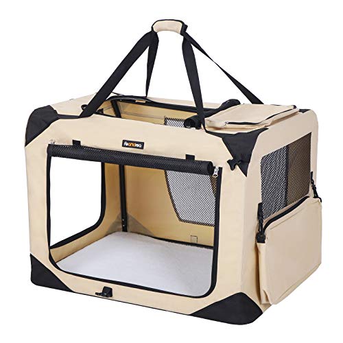 FEANDREA Bolsa de Transporte para Mascotas Transportín Plegable para Perro Portador Tela Oxford Beige XL 81 x 58 x 58 cm PDC80W