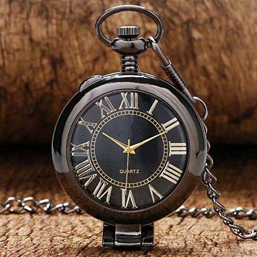 FEELHH Reloj De Bolsillo De Cadena Vintage,Gun Recta Negra Cubierta De Cristal Transparente Vertical Literal Romana Reloj De Bolsillo con Cadena De Metal