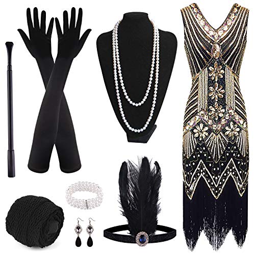 FEPITO Vestido con flecos y lentejuelas con cuello en V de los años 20 y accesorios de los años 20 (black and gold(style 2), Medium) FEPITO Vestido con flecos y lentejuelas con cuello en V de los años 20 y accesorios de los años 20 (black and gold(style 2), Medium)