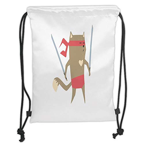 Fevthmii Drawstring Backpacks Bags,Japanese,Crime Fighter Ninja Cat with Two Swords and Heart Cartoon Superpower Animal Fighter,Red Brown Soft Satin,5 Liter Capacity,Adjustable String Closu
