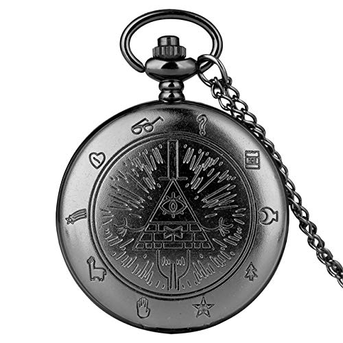 FFHJHJ Retro Bronce/Negro/Retro Gris Bill Cipher Gravity Falls Theme Reloj de Bolsillo de Cuarzo Collar Exquisito Reloj Colgante Fresco Regalo, Negro