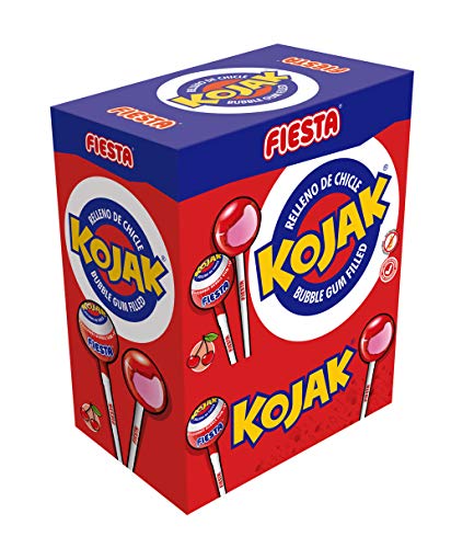 FIESTA Kojak Caramelo con Palo Sabor Cereza Relleno de Chicle - Caja de 100 unidades