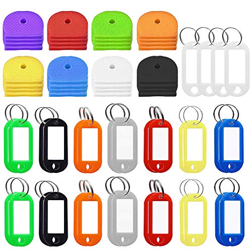 FineGood - Lote de 64 tapas y etiquetas, 32 identificadores de silicona con 32 etiquetas de plástico con anillo dividido para identificación de bolsas de equipaje para mascotas, multicolor