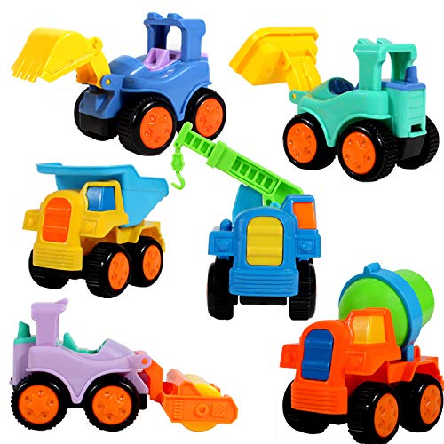 fiouni Empuje y Vaya Fricción Powered Truck Cars Juguetes Set para 1 2 3 4 5 años para bebés y niñas 6 Piezas de excavadoras, grúas, volquetes, Rodillos, bulldozers, Camiones mezcladores